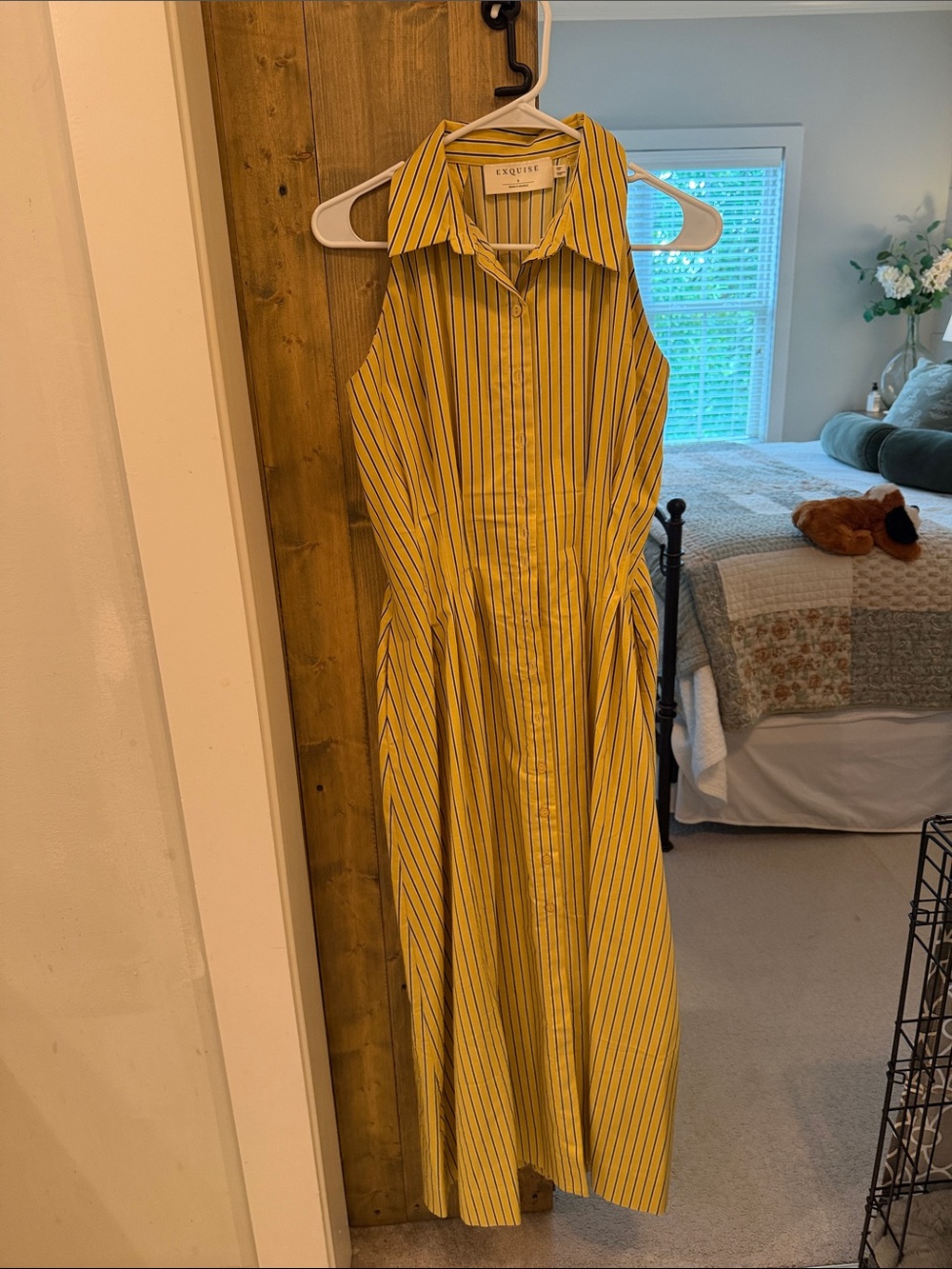 Yellow Striped Sleeveless Midi Shirt Dress